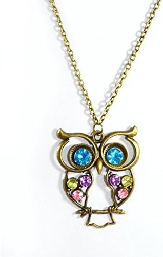 Bronzed Retro Owl Necklace with Colorful Gems