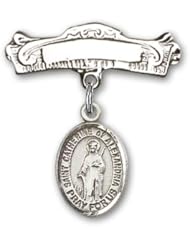 Sterling Silver Baby Badge with St. Catherine of Alexandria Charm and Arched Polished Badge Pin