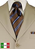 Woven Silk Mens Necktie + Pocket Square Hand Made in Italy By Valenti Ties and Hanky Set Brown Blue Stripe