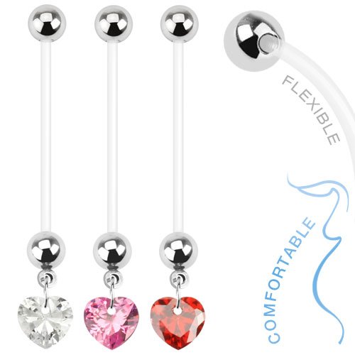 Heart Gem Dangle 14g BioFlex Maternity Pregnancy Pregnant Navel Bio Flex Navel Belly Ring- Choose Red, Pink, or Clear