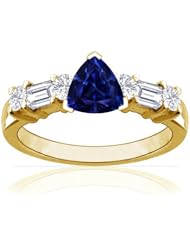 18K Yellow Gold Triangle Cut Blue Sapphire Ring With Sidestones