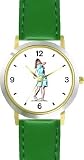 Woman Golfer at End of Swing - Golf Theme - WATCHBUDDY DELUXE TWO-TONE THEME WATCH - Arabic Numbers - Green Leather Strap-Children's Size-Small ( Boy's Size & Girl's Size )