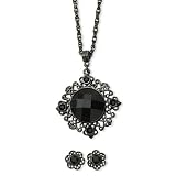 1928 Boutique Black-plated Jet Crystal Stud Post Earrings & 16