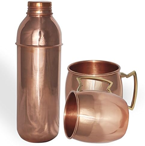 DakshCraft High Quality Pure Copper Thermos Bottle with 2 Pure Copper Moscow Mule Mug Sets