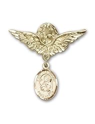 14K Gold Baby Badge with St. Raymond Nonnatus Charm and Angel with Wings Badge Pin
