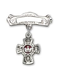 Sterling Silver Baby Badge with Red 5-Way Charm and Arched Polished Badge Pin