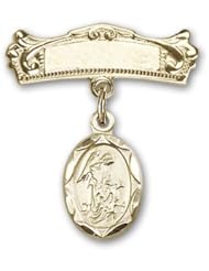 14kt Gold Baby Badge with Guardian Angel Charm and Arched Polished Badge Pin