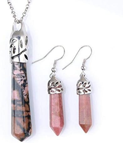 Natural Black Red Stripes Faceted Pendulum Necklace &amp; Earrings Set, Pink+Black