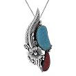Sterling Silver Turquoise and Coral Feather with Flower Necklace