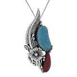 Sterling Silver Turquoise and Coral Feather with Flower Necklace