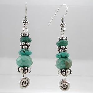 Southwestern Faceted Turquoise Gemstone Bead Dangle Earrings with Swirls and Raindrop Beads in Sterling Silver, #8984