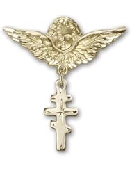 14K Gold Baby Badge with Greek Orthadox Cross Charm and Angel with Wings Badge Pin