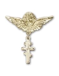 Gold Filled Baby Badge with Greek Orthadox Cross Charm and Angel with Wings Badge Pin