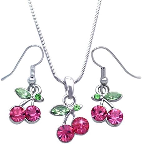 Rose Candy Green Pink Cherry Fruit Charm Pendant Necklace Dangle Hook Earrings Jewelry Set