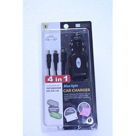 4 in 1 USB Universal USB Cable for DS Lite, DSi, PSP Slim 2000, PSP 3000 with Built-in Blue LED Light-up Car Charger Adapter (Include an extra iPod/iPhone 3G retractable USB cable)