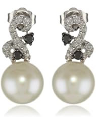 10K White Gold 8.5 - 9 mm Freshwater Cultured Pearl and Black and White (0.33 cttw, G-H Color, I2-I3 Clarity) Diamond Earrings