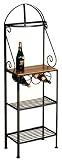 Grace Wrought Iron Gourmet Style Baker's Rack with 1 Wood/2 Wire Shelves and 3-Bottle Wine Rack and Brass Tips