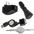 GTMax Retractable USB Data Cable + USB Rapid Car Charger + USB Home Travel Charger + White Retractable Stereo Audio Cable M/M for Microsoft Zune HD / Zune 120GB / Zune 16GB / Zune 80GB / Zune 4GB 8GB / Zune 30GB