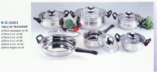 Gourmet Chef 12-Piece Cookware Set with Clear Glass Lids, Black Bakelite Handles and Knobs