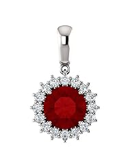 18K White Gold 8.00mm Round Cut Chatham Created Ruby and Diamond Pendant -- LIFETIME WARRANTY