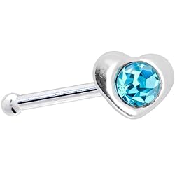 Sterling Silver Aqua Gem Heart Nose Bone