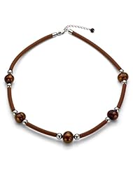Sterling Silver 9-10mm Chocolate Freshwater Pearl and Rondels with Brown Leather Necklace 18"+2" Extended Chain Necklace. Secured with Sterling Silver Lobster-claw-clasp.
