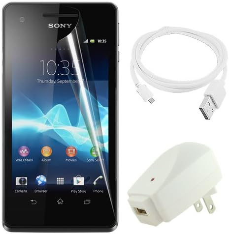 Skque®Ultra-Clear Transparent Anti Scratch Screen Protector Skin Film + White Straight Micro USB Data/Sync Cable + White USB Wall/Travel/Home Charger(5V 1000mAh) for Sony Xperia V LT25i Cellphone