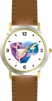 Two Ballerinas - Ballet Dancers Montage WATCHBUDDY® DELUXE TWO-TONE THEME WATCH - Arabic Numbers - Brown Leather Strap-Children's Size-Small ( Boy's Size & Girl's Size )