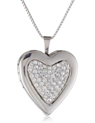 Sterling Silver White Crystal Heart Locket Pendant Necklace, 18"