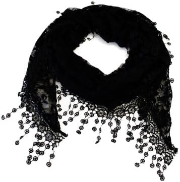 VegasHorizon Lightweight Women's Translucent Triangle Lace Scarf with Floral Pattern - Black