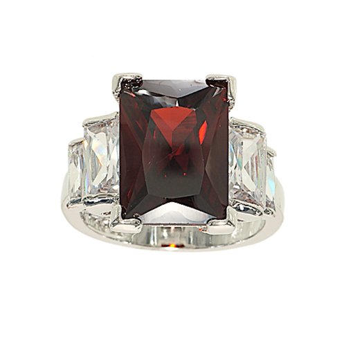 Bling Five Stone Almost Emerald Cut Garnet Cubic Zirconia Silvertone Cocktail Ring