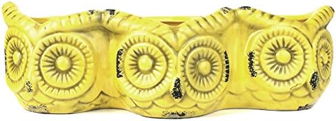 Distressed Rustic Ceramic Triple Owl Planter, 12-3/4" x 4" x 3-7/8 (Yellow)