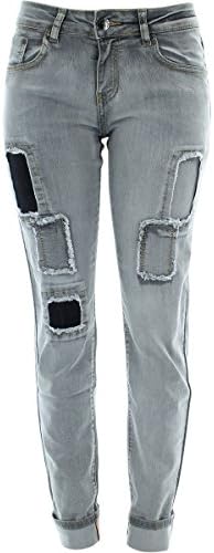 Azazel - Women's Patches Cuff Boyfriend Jeans - Light Grey