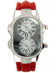 Geneva Platinum Dual-face Genuine Leather Watch Bracelet-Red-Grey
