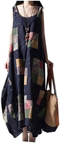 Cotton Linen Vintage Print Plus Size Desigual Women Loose Dress Vestidos(Size L)