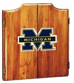 Michigan Dartboard & Cabinet - Oak Finish - NCAA Team