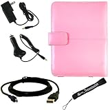 Pink Leather Cover Case, USB 2in1 Data Cable, Car Charger, and Wall Charger with 4-Inch eBigValue TM Determination Hand Strap for the Sony Reader eBook Touch Edition PRS-600
