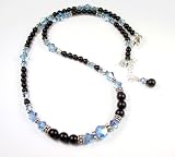 March Aquamarine Swarovski Crystal Birthstone Beaded Necklaces in Sterling Silver with Black Pearls