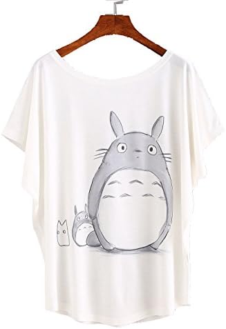 Women Casual Round Neck Cartoon Print Bat Sleeve T-shirt （Color：White Size: One Size）