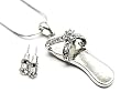 Cute Ice Crystal Flip Flop Sandal Charm Necklace & Crystal Stud Earrings Silver Tone