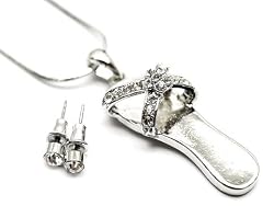 Cute Ice Crystal Flip Flop Sandal Charm Necklace & Crystal Stud Earrings Silver Tone