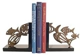 Set of Wood Bookends with Bronze School of Fish