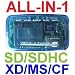 Mini All-in-1 Memory Card Reader Compatible with: Secure Digital: miniSD (with adapter), microSD/TransFlash (with adapter), Compact Flash: CF I, CF II, CF Ultra II, MicroDrive, xD Picture Cards, Memory Stick: Memory Stick, Memory Stick Pro, Memory Stick Duo, Multimedia Card: MMC I, MMC II, RS-MMC, HS-MMC - Compatible with Sony, SanDisk, Toshiba, Lexar