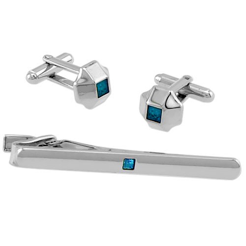 Blue Center in Tin Box by Necktie Accessories silver silver plated clip and cufflinks