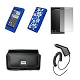 EMPIRE Black Leather Case Pouch with Belt Clip and Belt Loops + Blue with White Flowers Design Silicone Skin Cover Case + Screen Protector + Car Charger (CLA) for Motorola Droid 2 Global A956