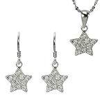 Diamond Cubic Zirconia Pave Star Platinium Overlay CAREFREE Sterling Silver Pendant Necklace and Drop Earrings Set
