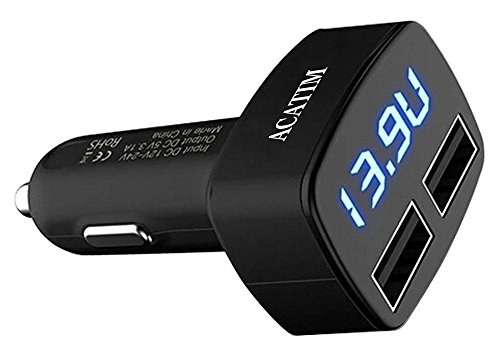 Acatim Newest 3.1A 10W Dual 2 USB Car Charger with LED Display Fast Speed - Displays Voltage, Amps and Internal Temperature (Fahrenheit)