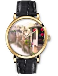 SPRAWL Aanalog Fashion Series Gold Ladies Watches of Genuine Black Leather Strap,Unique Wrist Watch for Women Girls Designed with Homes on Lakefront
