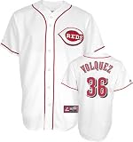 MLB Men's Cincinnati Reds Edinson Volquez White Home Short Sleeve 6 Button Synthetic Replica Baseball Jersey Spring 2012  (White, X-Large)