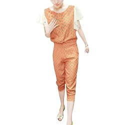 Allegra K Lady Scoop Neck Falbala Sleeves Elastic Waist Button Down Dots Printed Pink Romper XS